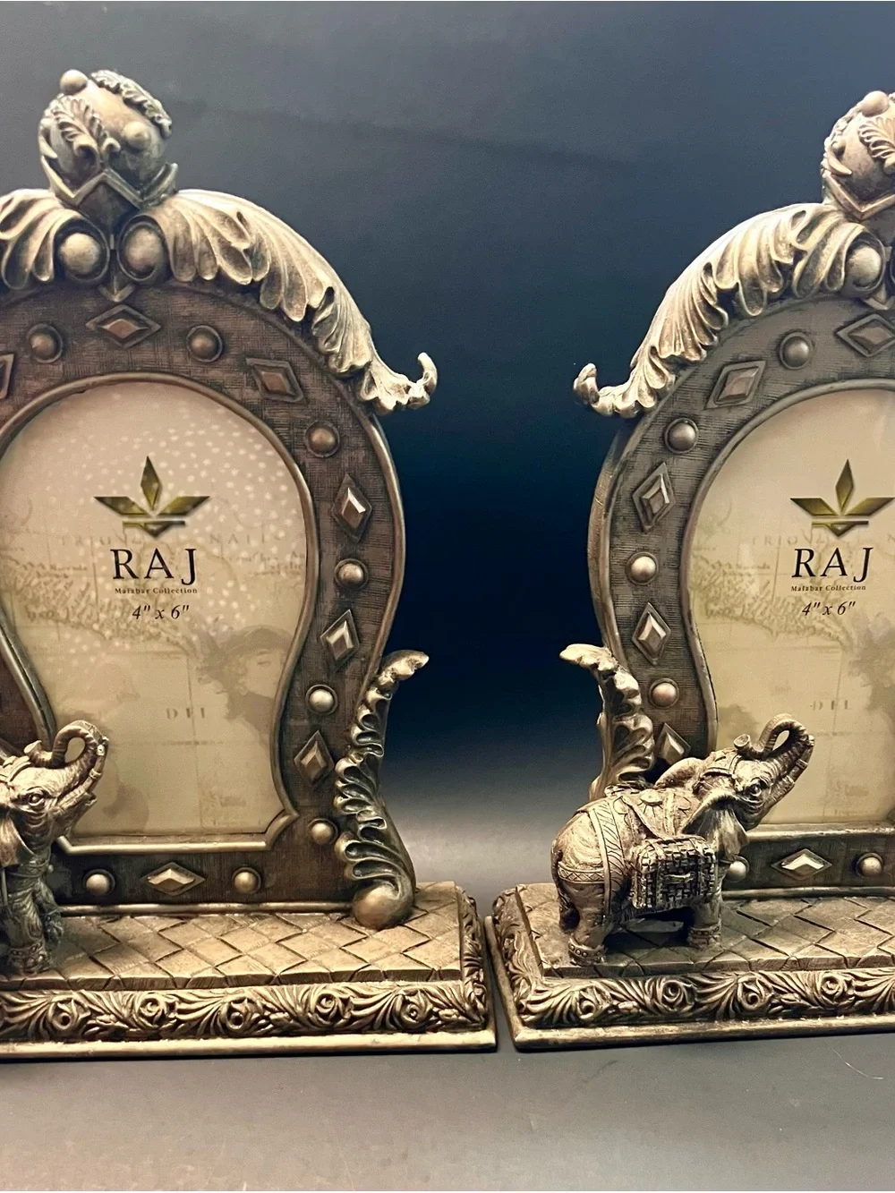 Raj Ornate Gold-Tone Elephant Pair Photo Frames